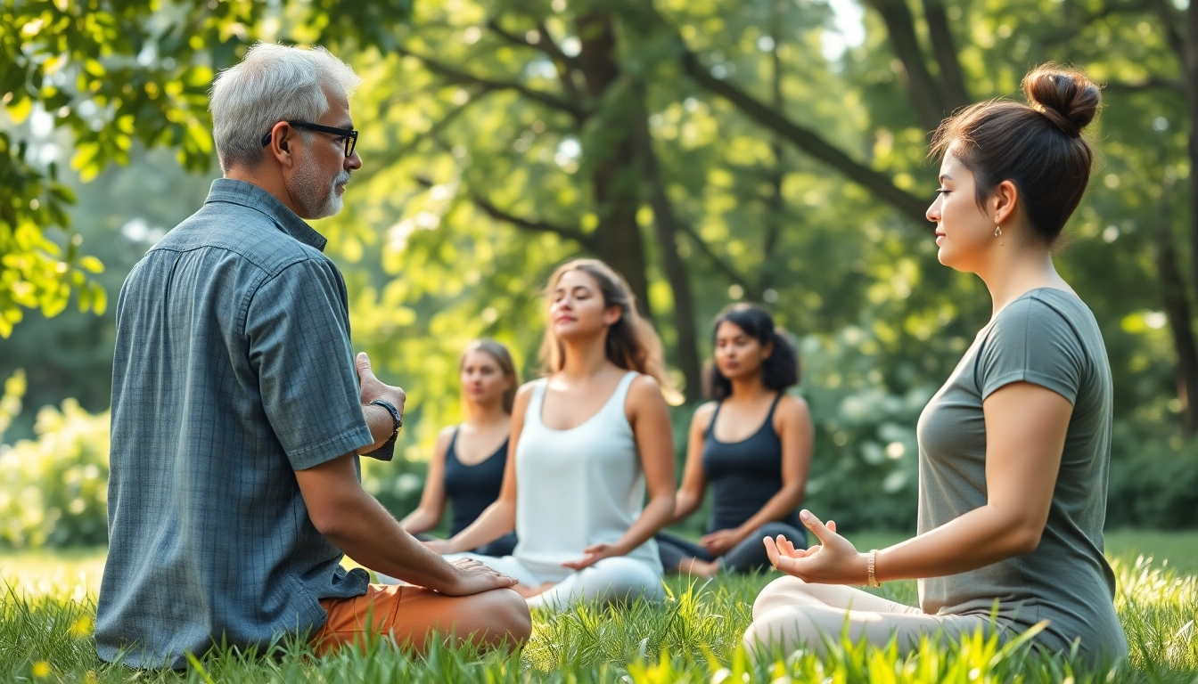 Engaging scene of individuals managing stress and anxiety through mindfulness practice outdoors.