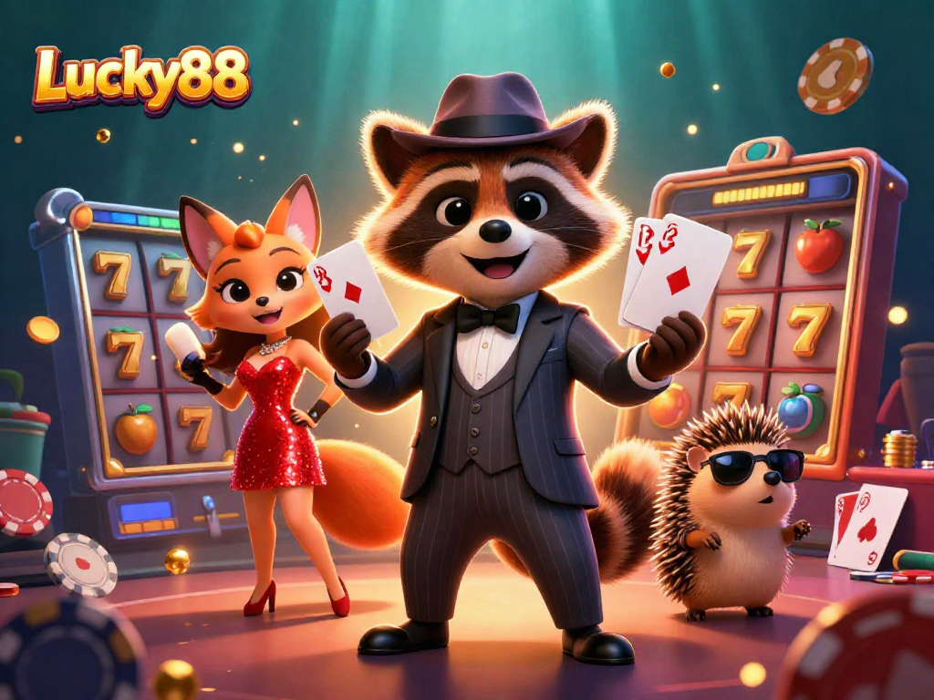 Experience the excitement of Lucky88 with a raccoon holding a royal flush surrounded by vibrant casino elements.