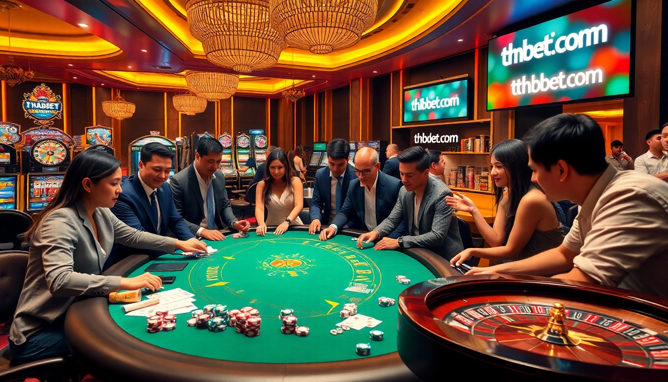 Players excitedly engage in poker at thabet.com, surrounded by vibrant casino props and luxurious decor.