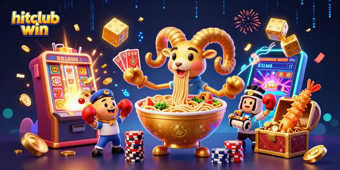 Hitclub win showcases a vibrant scene with a golden ramen bowl dealer and cheerful characters amidst dynamic casino elements.