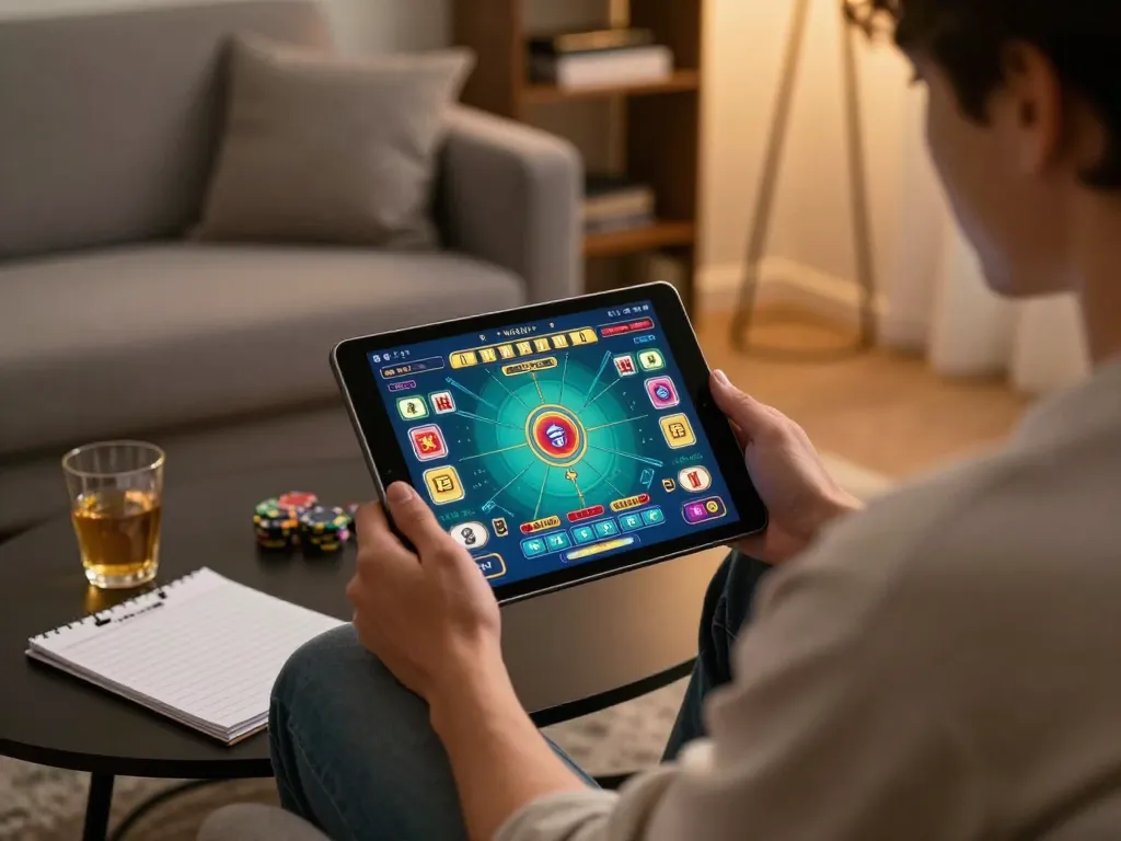 Engaged player enjoying a tài xỉu online game on tablet, cozy home setting with notes.
