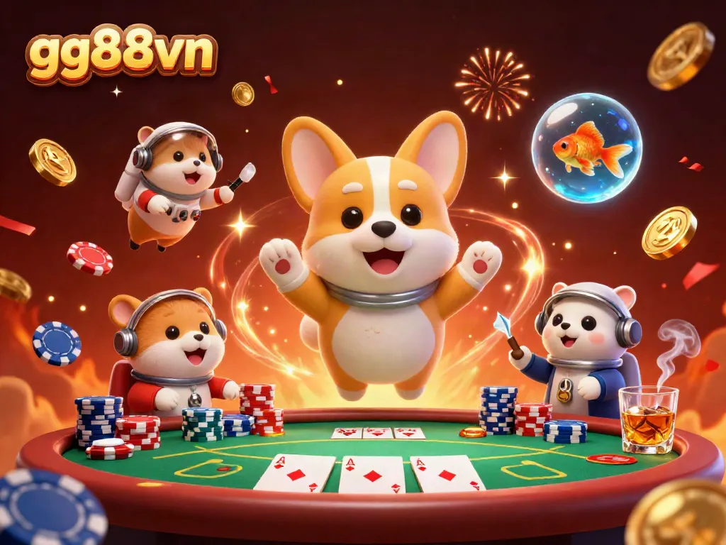 Experience thrilling gaming at gg88vn with an astronaut corgi in a vibrant casino atmosphere.