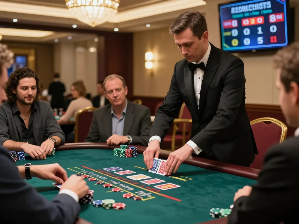 Live casino game at nhà cái Net88 with players engaged at a blackjack table in a luxurious setting.