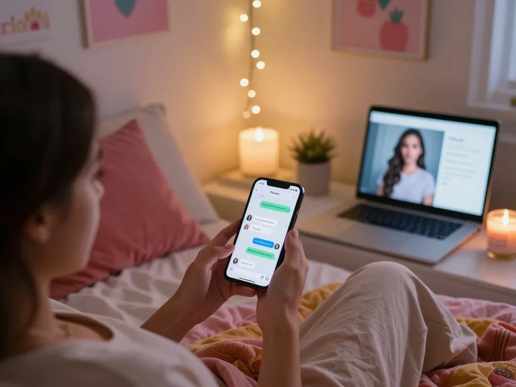 Interactive sexting ai chat in a cozy bedroom with flirty messages and warm lighting.