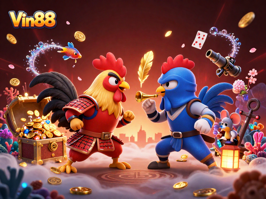 Engage in thrilling action with Vin88's fighting roosters in a vibrant casino scene.