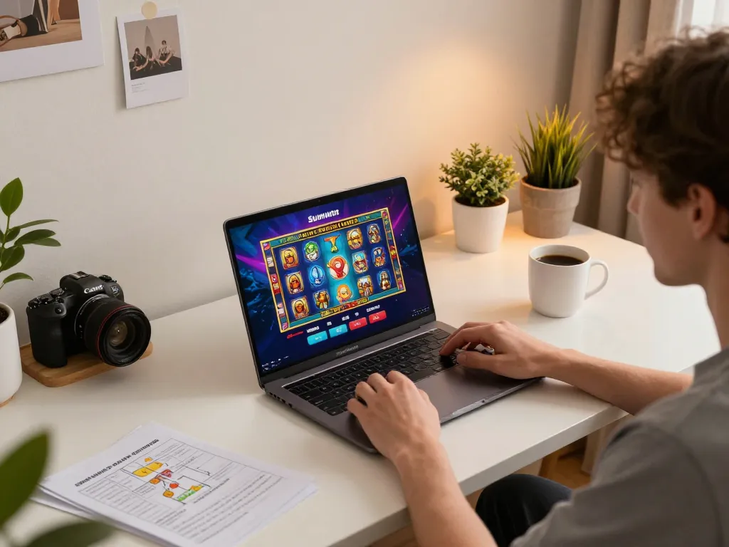 Engaging with the Sunwin app on a laptop in a cozy home office setting, showcasing online gaming excitement.