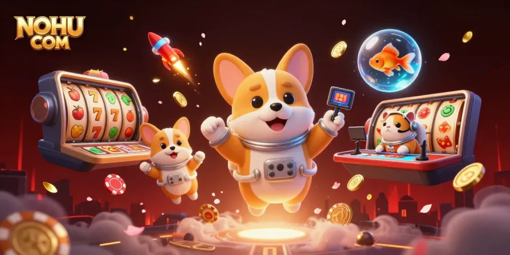 Experience the excitement of NOHU COM with this dynamic 3D casino scene featuring a playful astronaut corgi immersed in slot games.