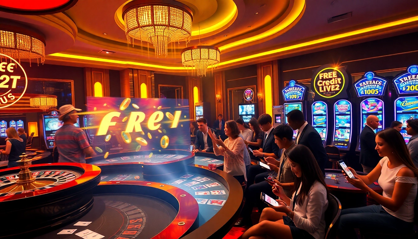 Experience the excitement of free credit live22 as players engage with vibrant slot machines and roulette wheels.