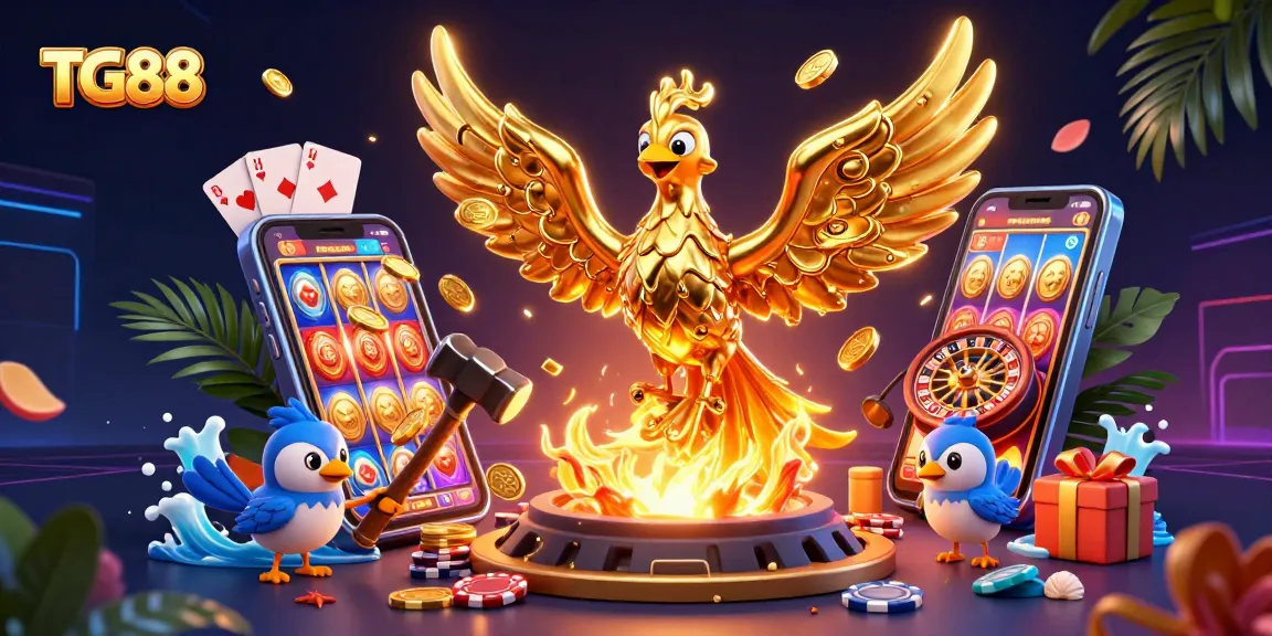Experience the vibrant world of TG88 with a molten phoenix, dynamic casino elements, and thrilling games.