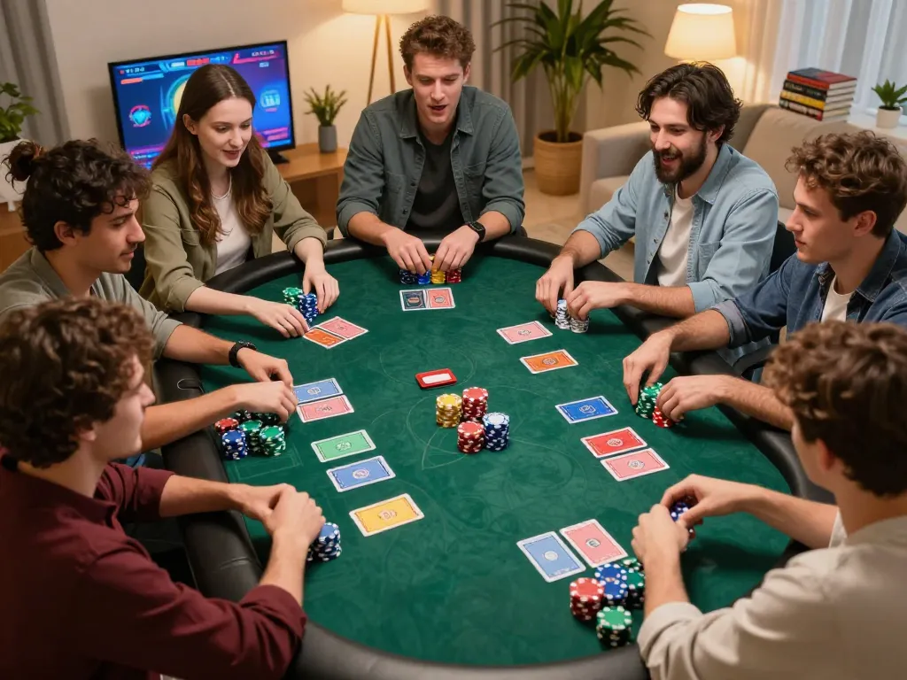 Players engaging in an exciting online poker game on Oxbet, showcasing colorful cards and focused expressions, in a cozy home setting.