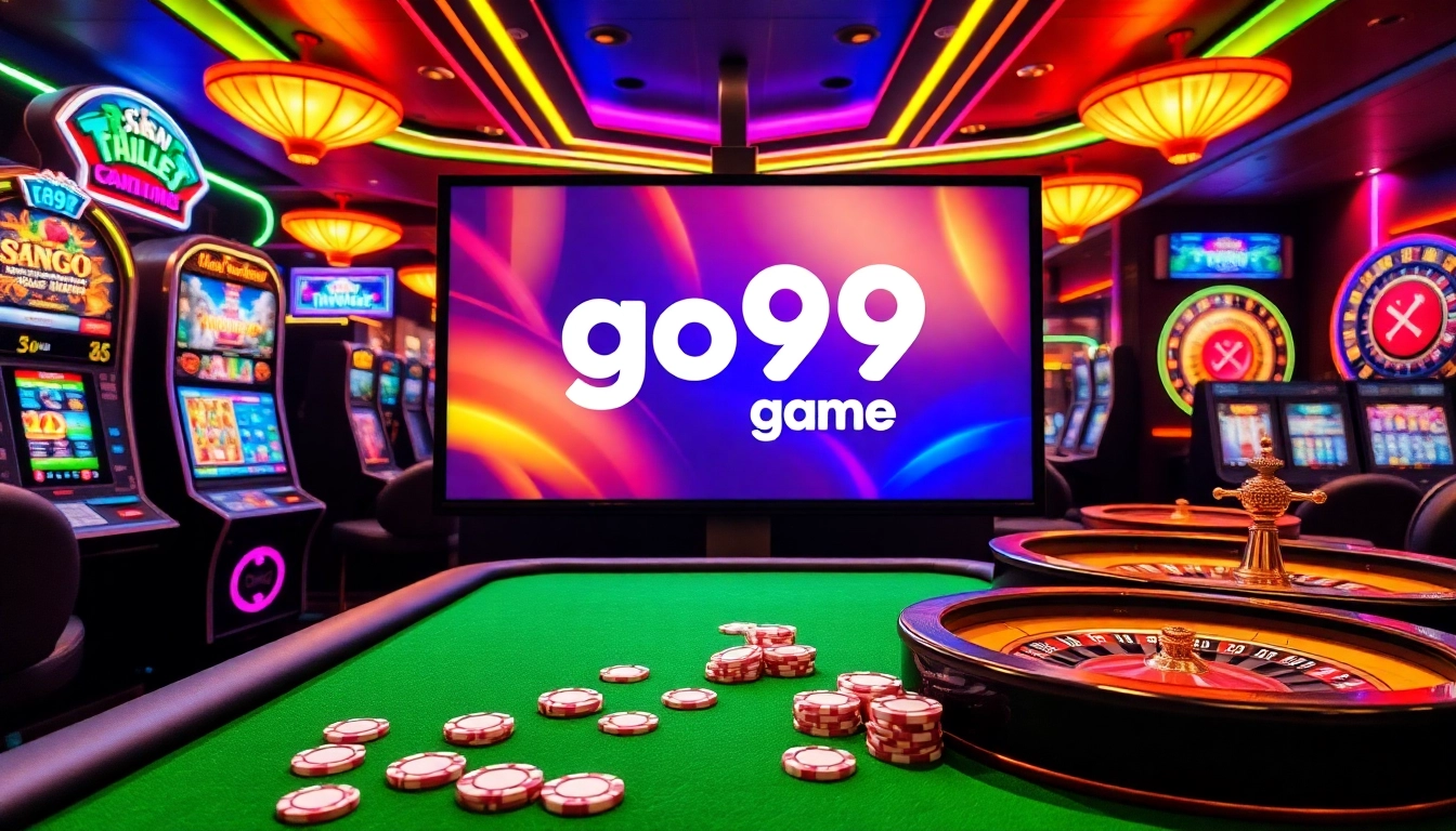Experience the thrill of the go99 game with vibrant slot machines and poker chips in a casino scene.
