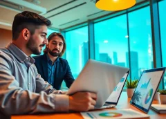 Marketing Consultant discussing strategies in a modern office with vibrant visuals.