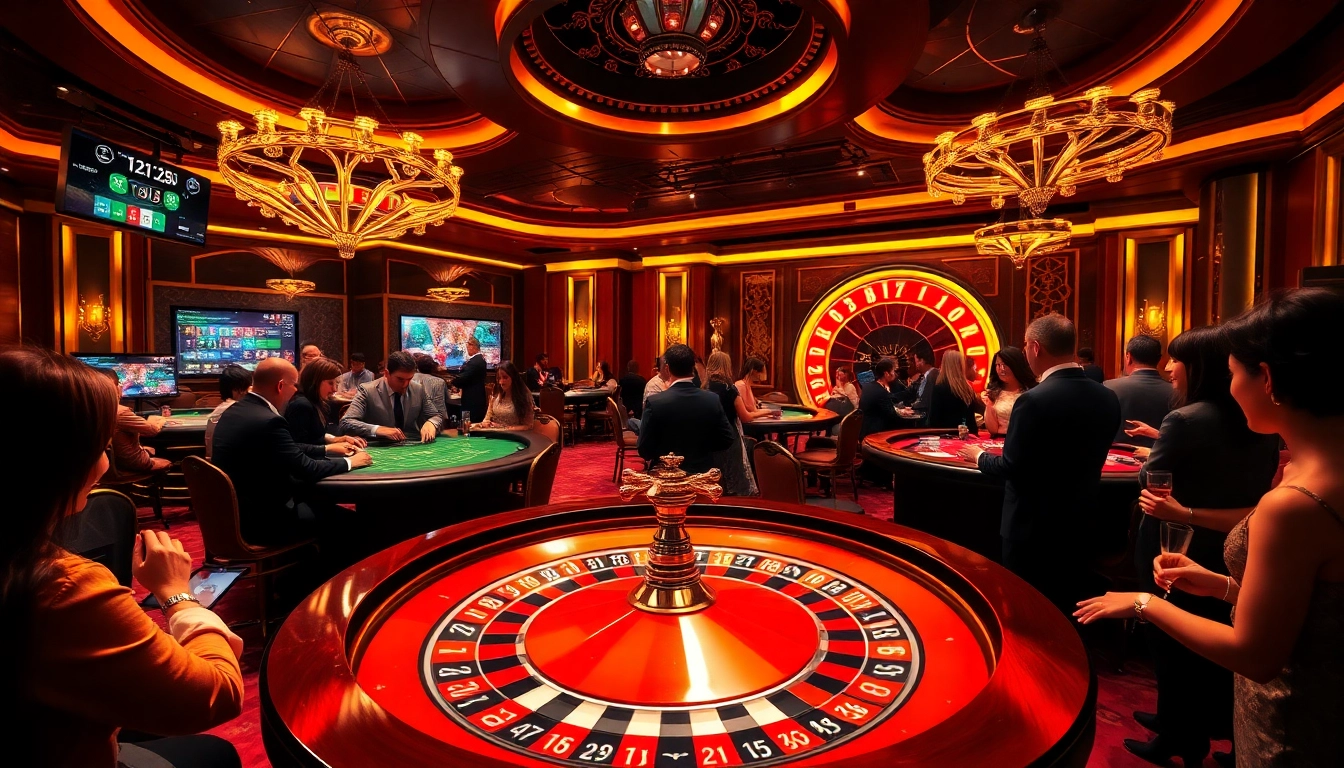 Experience thrilling gameplay at https://tg88co.com/ with an elegant casino setting featuring roulette and excited players.