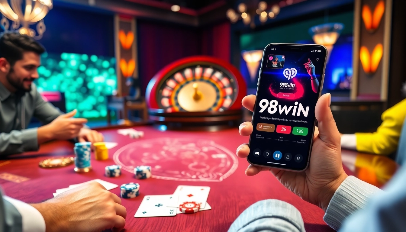 Engaged players enjoying blackjack at a luxurious casino table with 98win branding.