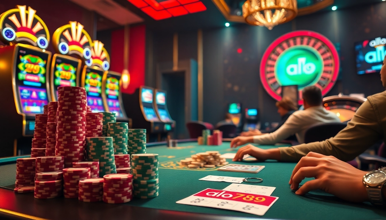 A thrilling gambling scene at a vibrant casino, showcasing alo 789 poker action with colorful chips and a spinning roulette wheel.