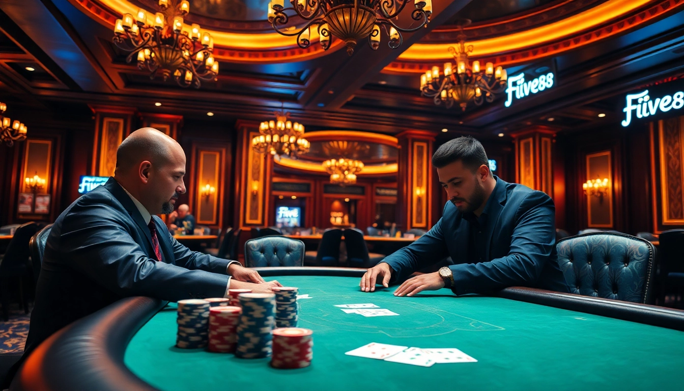 Engage in a thrilling game at five88's luxurious casino poker table, showcasing rich colors and inviting atmosphere.