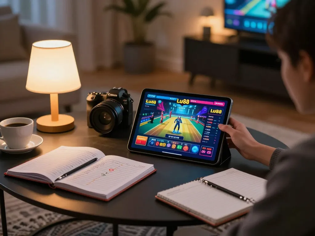 Lu88 gaming experience with an engaging home setup showcasing tablet gameplay, strategic notes, and cozy ambiance.