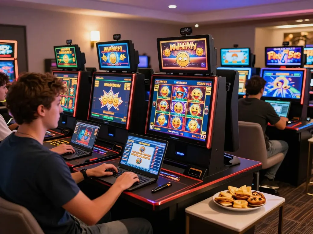 Exciting online gaming scene at https://bomwin.jp.net/ with players engaging in colorful virtual slots and live chat.