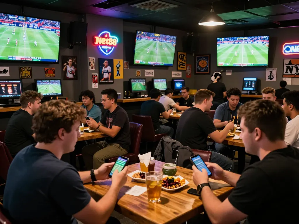 Excited patrons engaging with their smartphones while placing bets at net88's sports bar atmosphere.