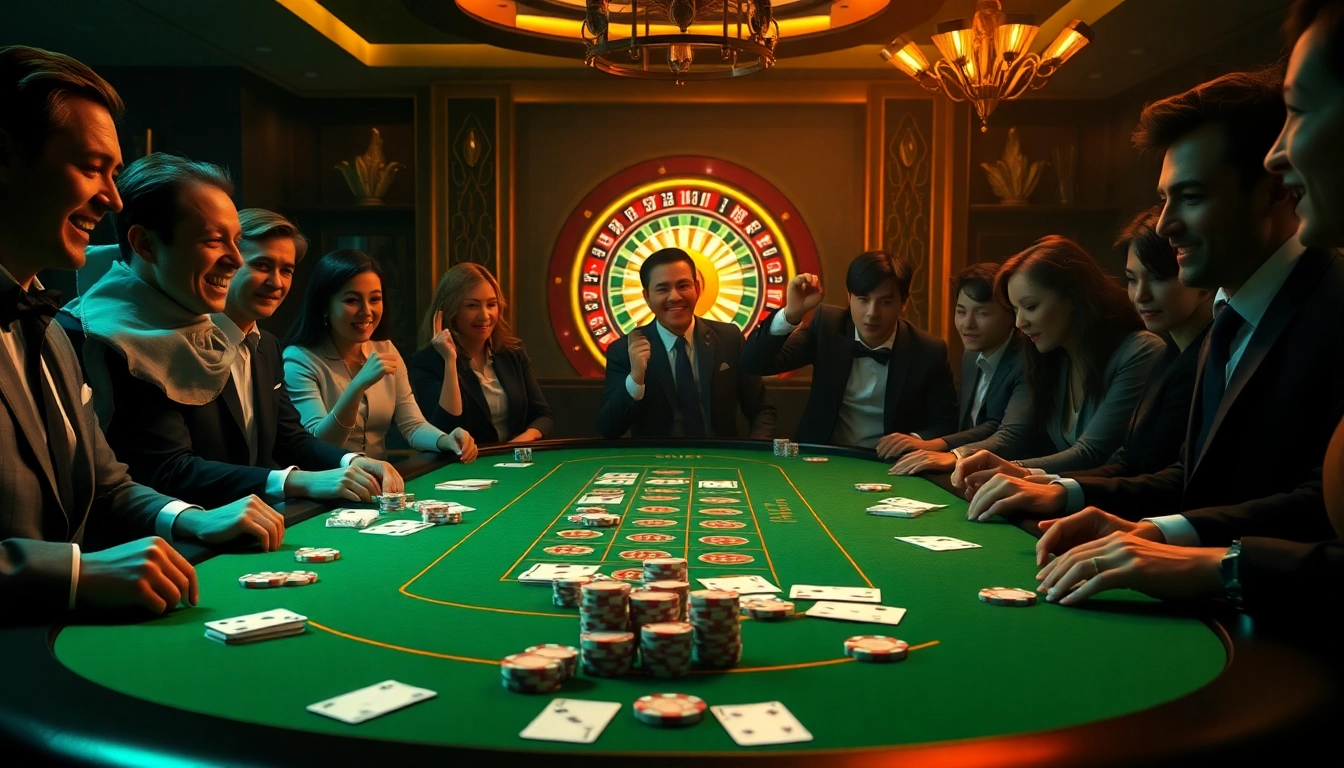 SHBET players enjoying a dynamic casino experience with vibrant poker chips and cards.