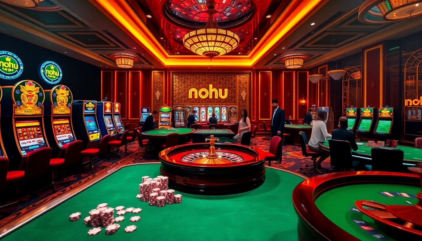 Nohu-themed casino scene with vibrant tables, slot machines, and excited players immersed in high-stakes gambling.