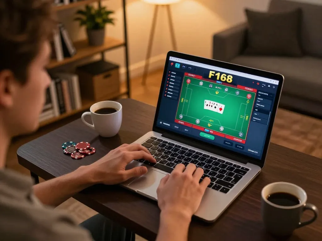 Engaging in online poker gameplay at F168 using a laptop in a cozy home environment.