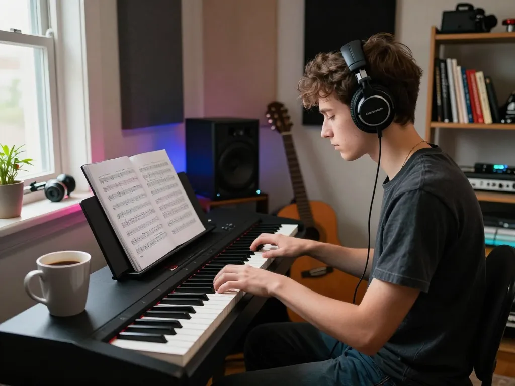 Practicing on a digital piano in a cozy studio, showcasing go 88 keys.