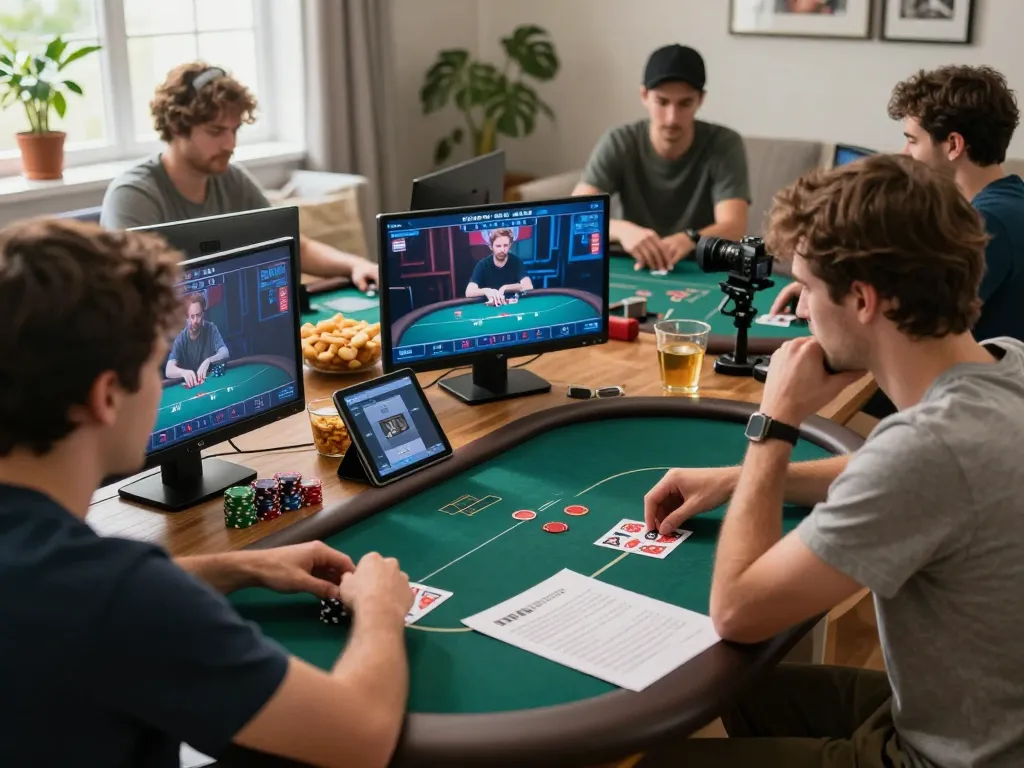 Players engaging in strategic online poker gameplay using c168 platform, showcasing a cozy home atmosphere with snacks.
