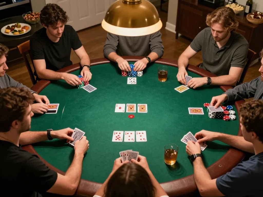 Pemain SBOBET88 menikmati malam poker di rumah yang ceria, memamerkan chip dan kartu Texas Hold'em dalam suasana yang menarik