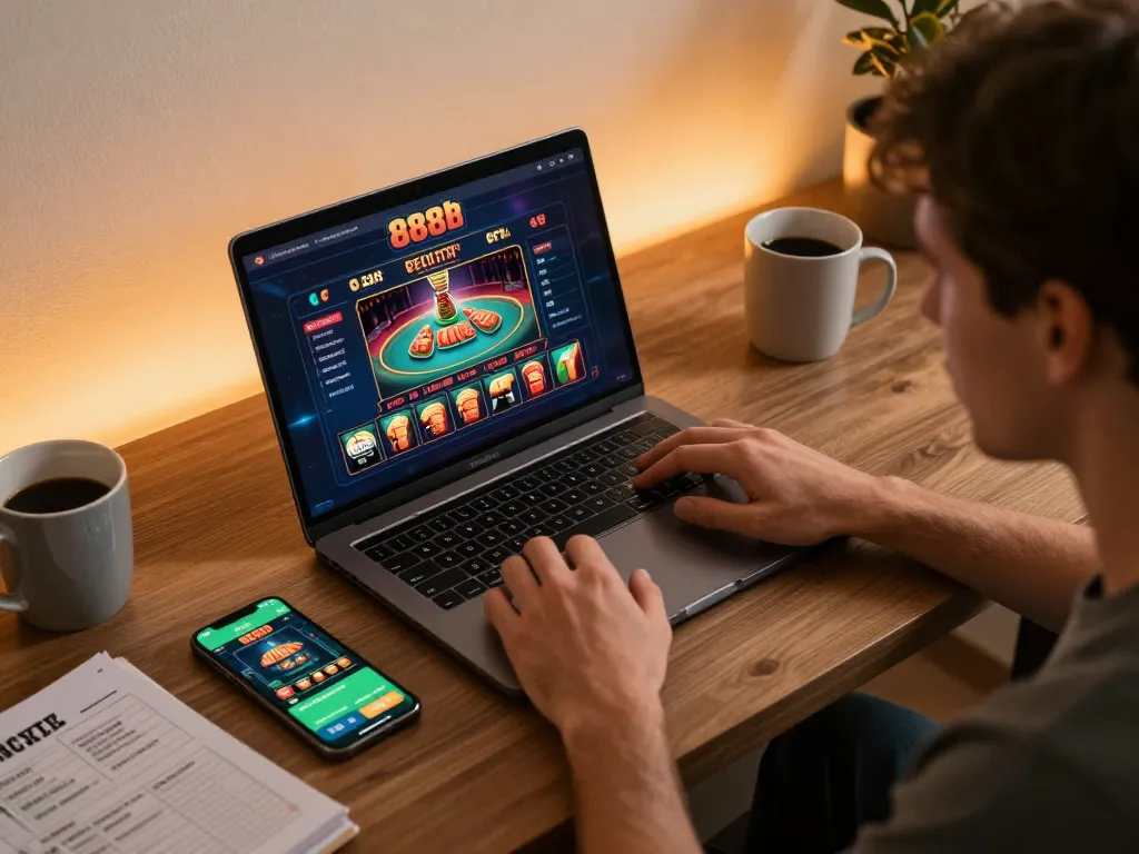 Person engaged in gameplay on 888b casino interface in a cozy home office setting.