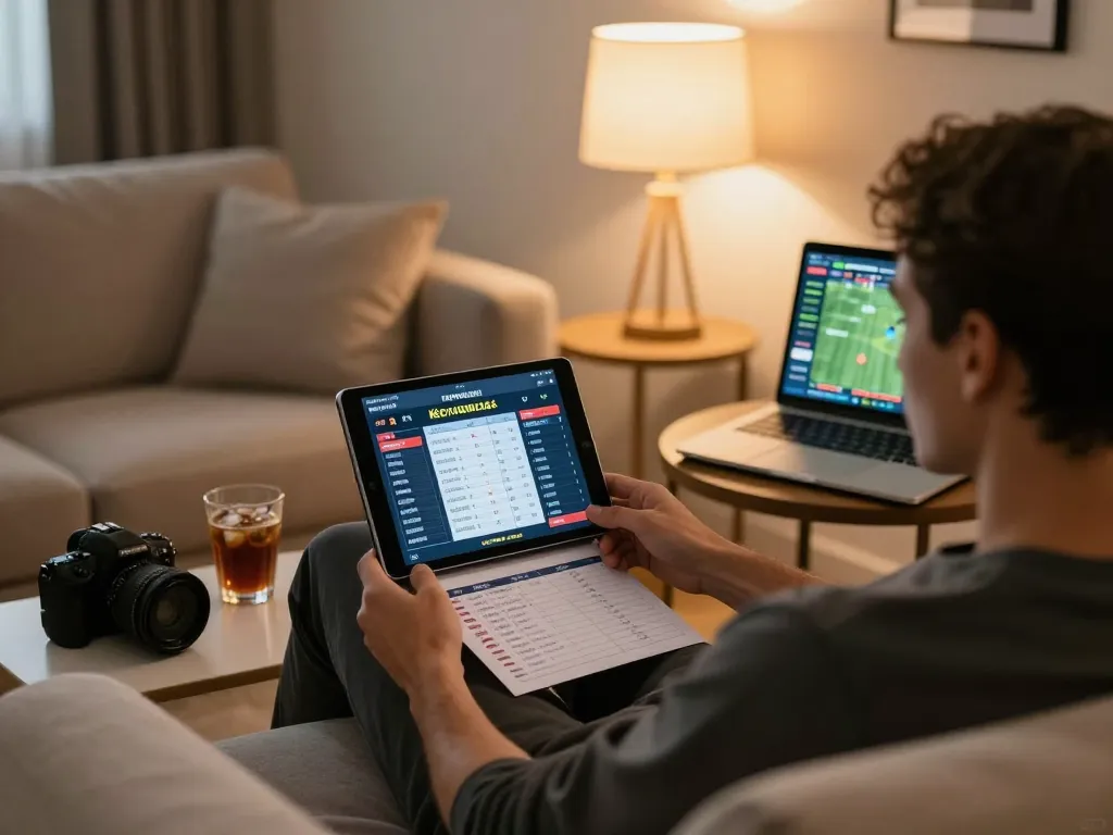 Engaging with kèo bóng đá trực tuyến via tablet while enjoying a cozy home betting setup