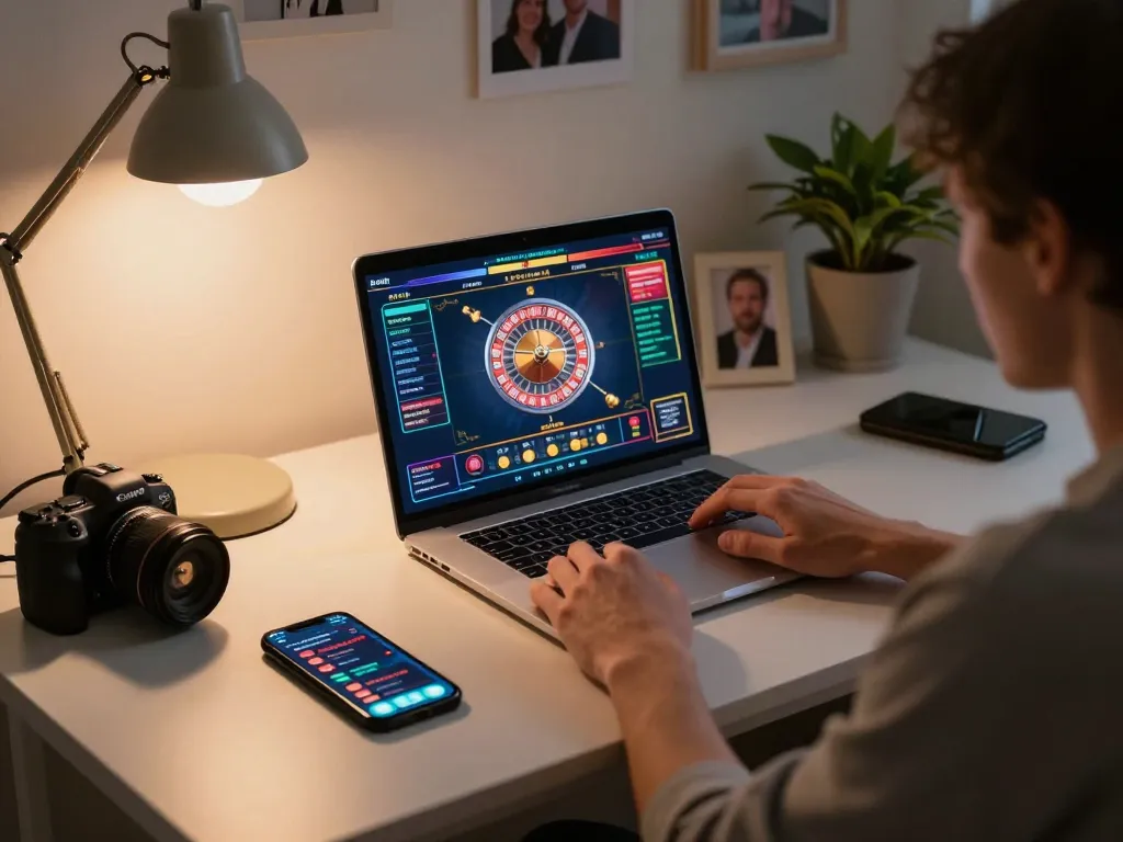 Engaging with online gaming at nhà cái ee88 on a laptop, roulette wheel excitement