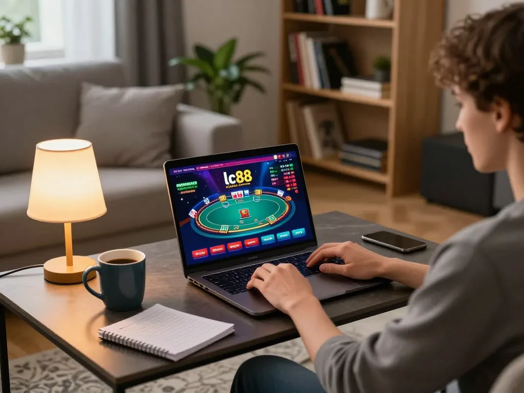 Player engaging with lc88 online casino on laptop in cozy home setting, highlighting strategic gameplay.