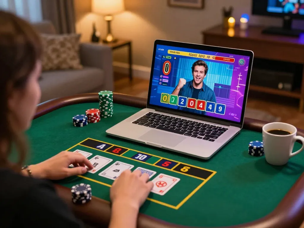 Player engaged in strategic tubidy gaming with live dealer on laptop, showcasing interactive online gambling experience.