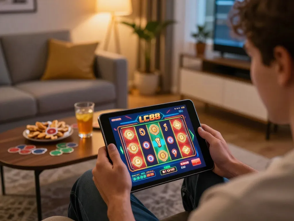 Player engaging with the LC88 app on a tablet for online casino gaming in a cozy home.
