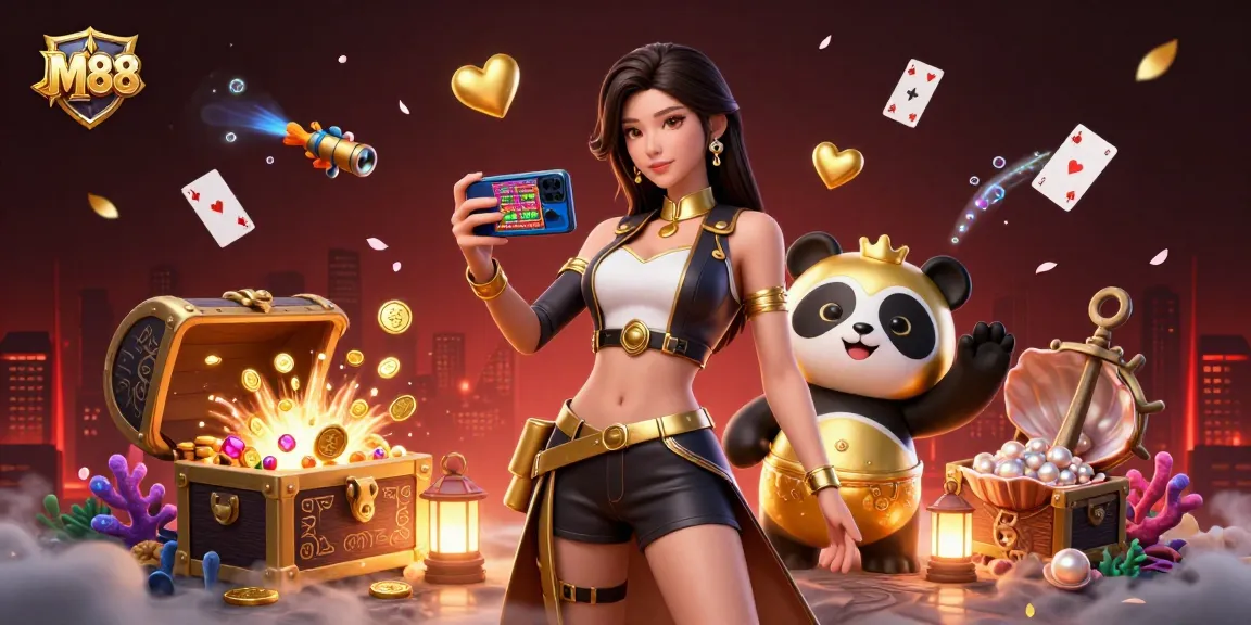 M 88 offers an engaging gaming experience with golden treasures amidst vibrant effects and characters.