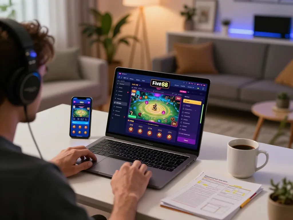 Engaging with five88 gaming platform on a laptop while enjoying responsible gaming in a cozy home setting
