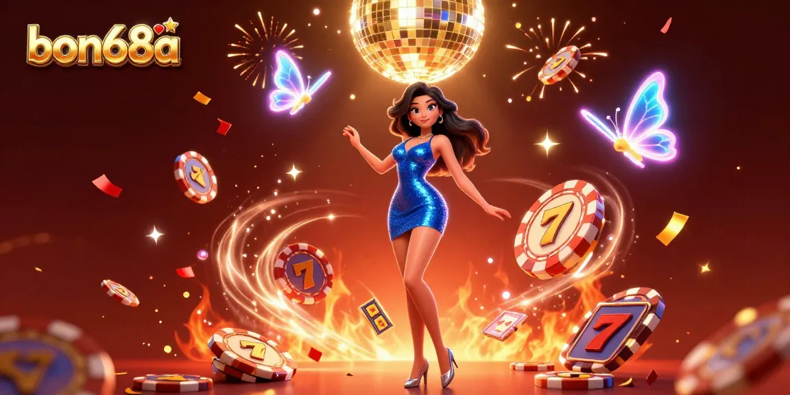 Experience thrill at bon68a with a glamorous woman dancing surrounded by vibrant casino elements.