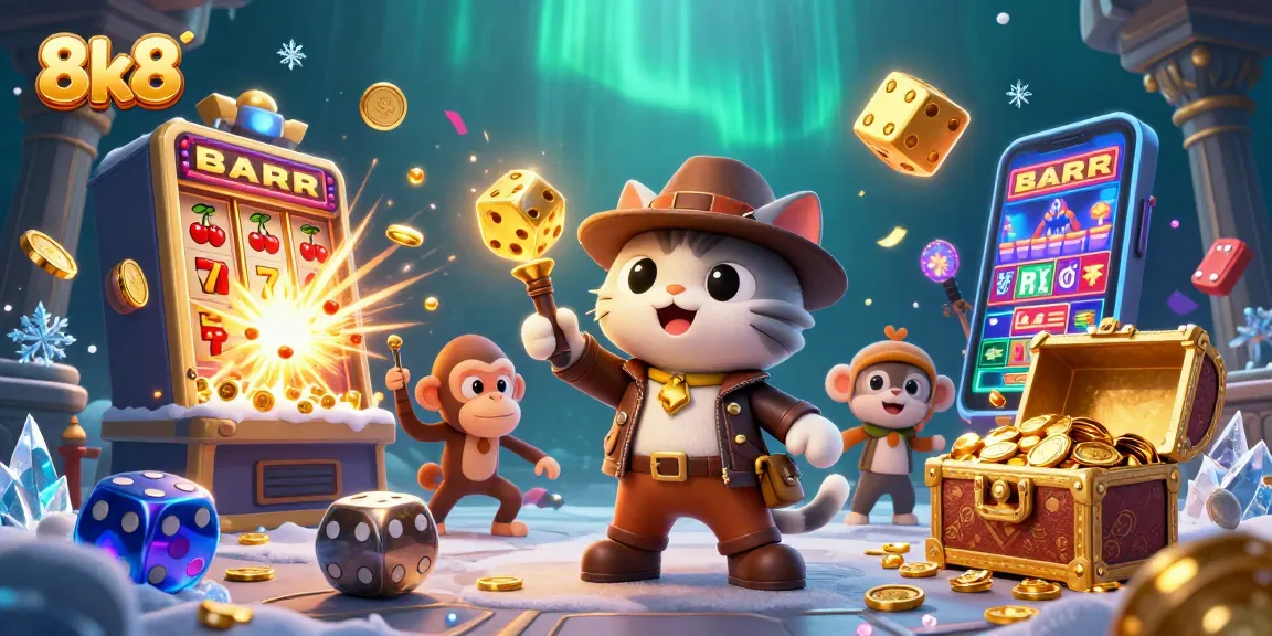Engage with thrilling wins at 8k8 casino featuring an explorer cat and monkey amidst exciting gaming artifacts.
