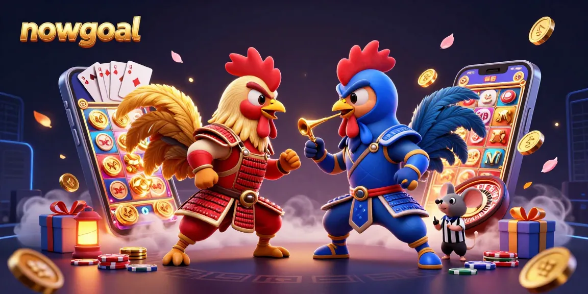 Engage with nowgoal's vibrant cartoon scene featuring roosters, casino elements, and dynamic action.