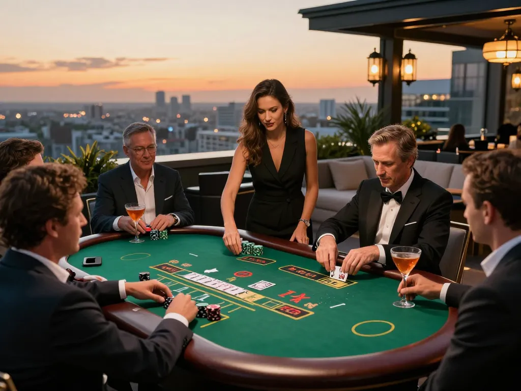 Players engaged in a vibrant blackjack game at cm88game's elegant rooftop terrace