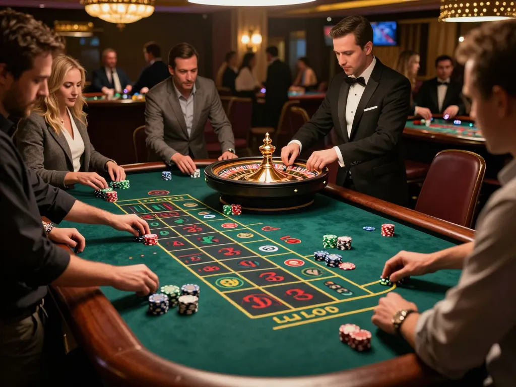 Engaged players at a roulette table placing bets at link 88aa casino, showcasing vibrant atmosphere and strategic gameplay
