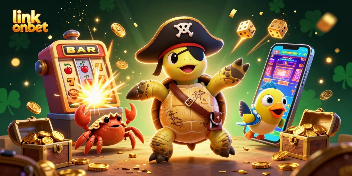 Experience thrilling action in link onbet where a pirate turtle and friends uncover treasures in a vibrant casino scene.