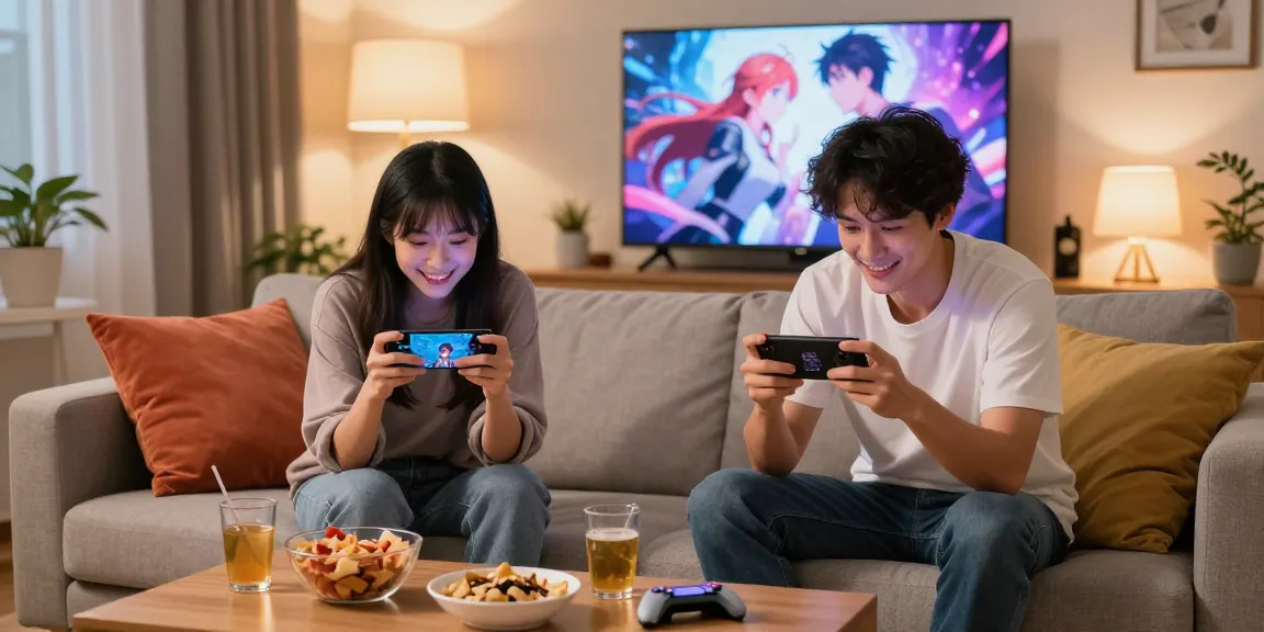 Enjoying mobile hentai game experience in a cozy living room setting