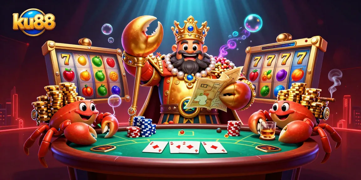 Spin the reels at ku88 with a golden crab emperor and vibrant slot elements in a 3D casino scene.