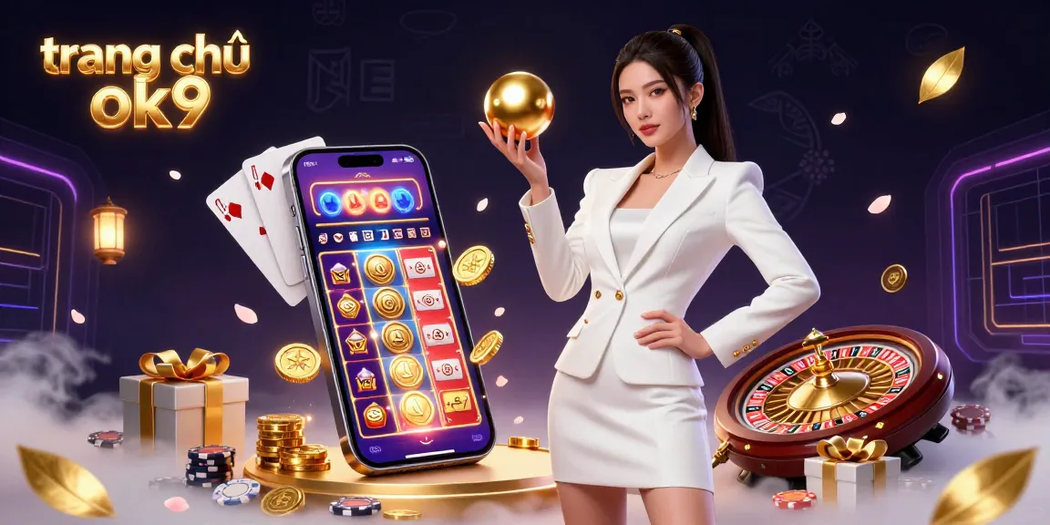 Experience the excitement of trang chủ ok9 with vibrant casino elements and a stunning female dealer.