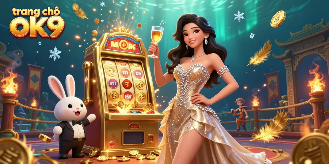 Experience the thrill at trang chủ ok9 with an energetic scene featuring a glamorous woman and a jackpot slot machine.