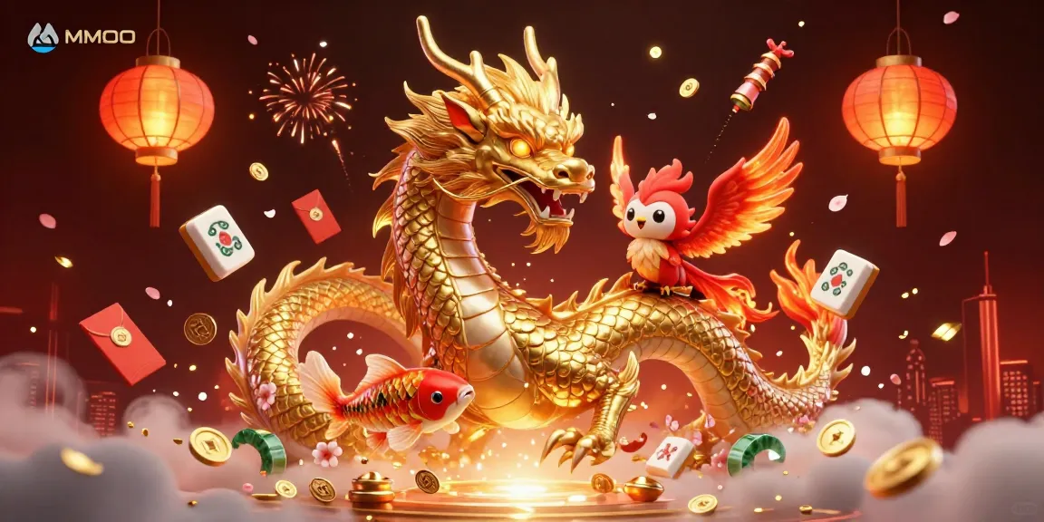 Engage with MMOO's immersive casino experience featuring a golden dragon, phoenix, and koi fish among floating mahjong tiles and festive decor.