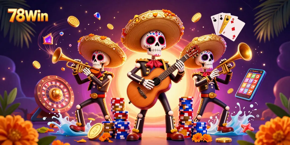 Win big with 78Win at this vibrant casino scene featuring a mariachi band and gaming excitement.