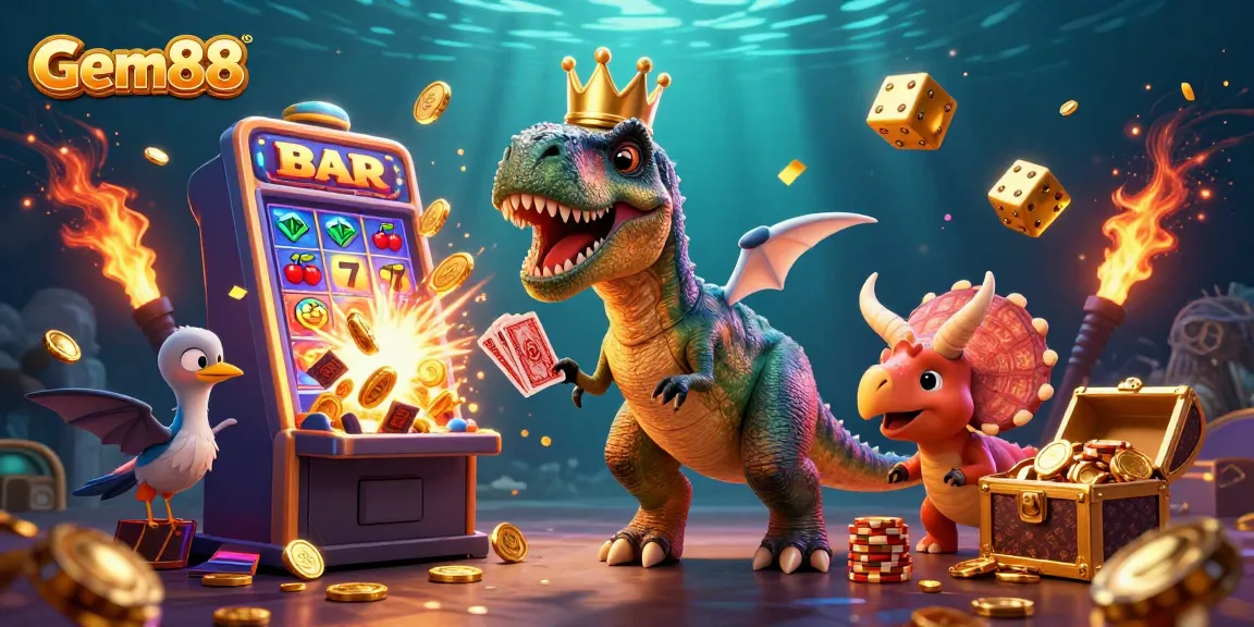 Engage in winning experiences at Gem88, featuring vibrant 3D characters and captivating casino elements.